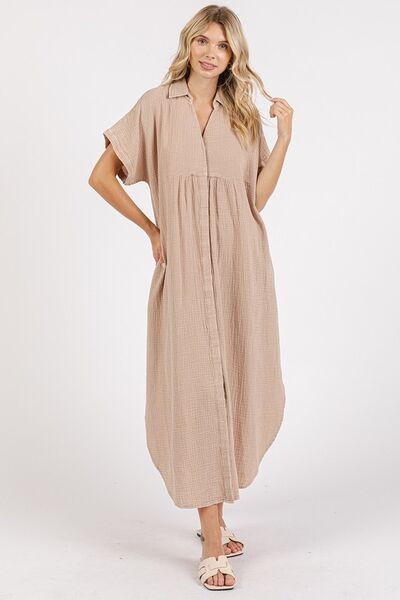 Mineral Wash V Neck Button Up Midi Shirt Dress