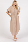 Mineral Wash V Neck Button Up Midi Shirt Dress