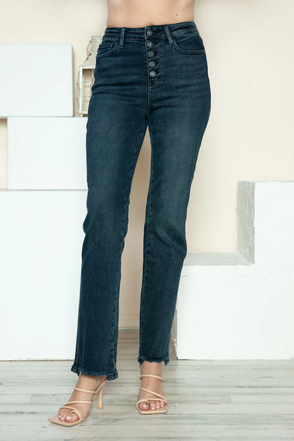 Button-Fly Distressed Straight-Leg Jeans Jeans