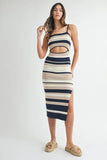 Multi Color Striped Front Cutout Knit Midi Dress