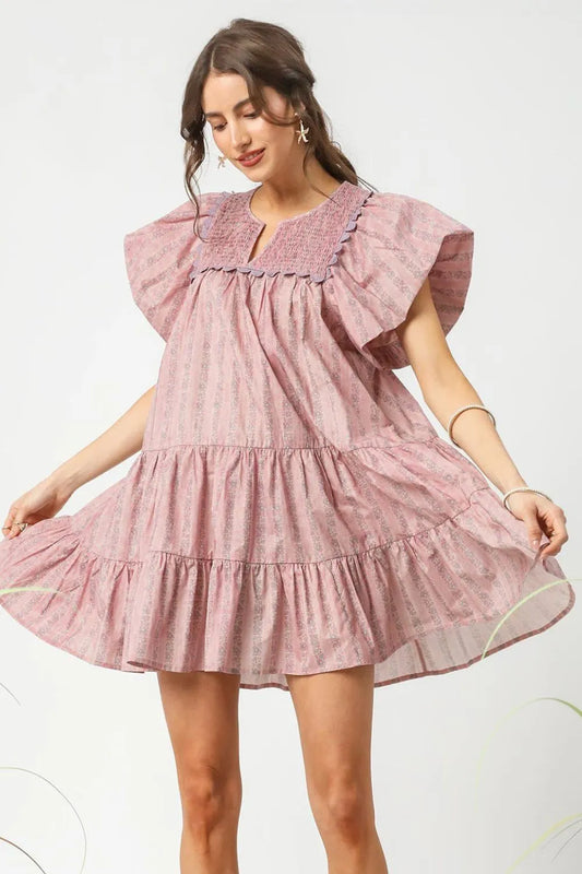 Boho Puff Sleeve Multi-Tiered Mini Dress