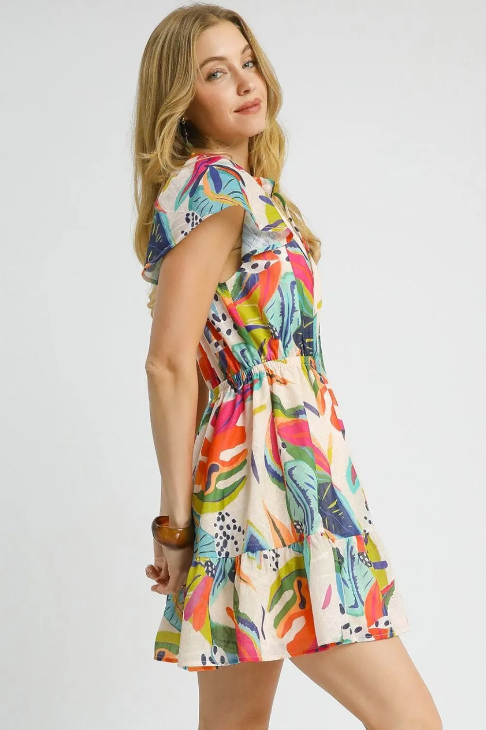 Vibrant Tie Neck Tropical Mini Dress