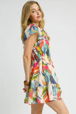 Vibrant Tie Neck Tropical Mini Dress