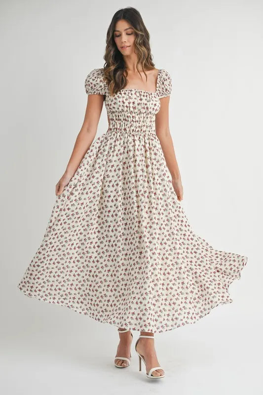 Floral Print Puff Sleeve Gathered Midi Dress