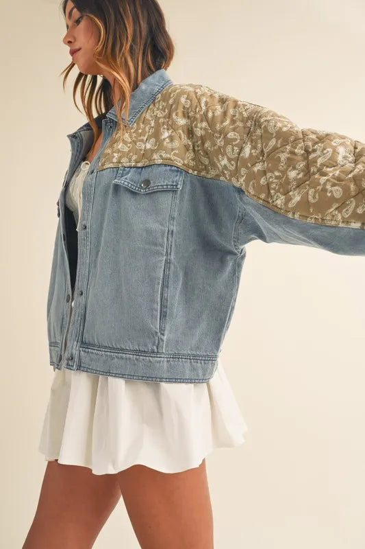 Quilted Paisley Print Contrast Denim Jacket