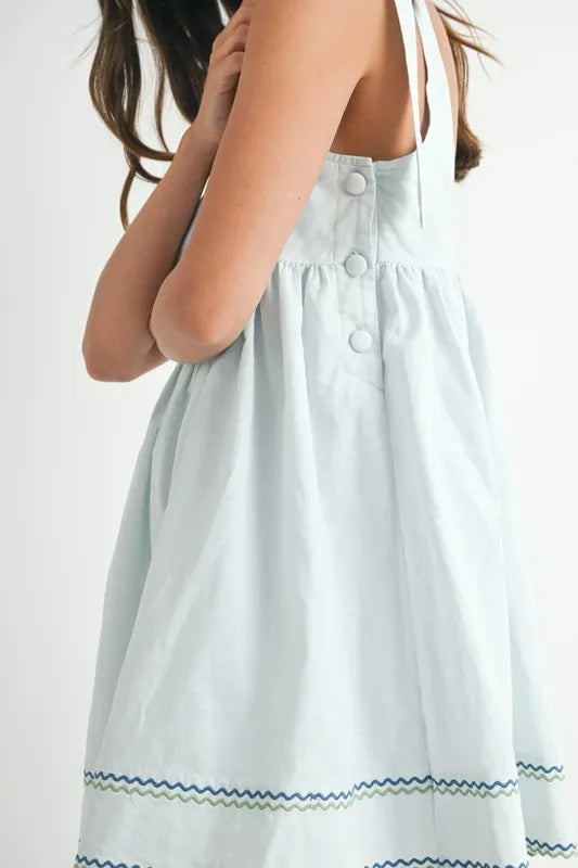 Zig Zag Embroidered Shoulder Tie Mini Dress
