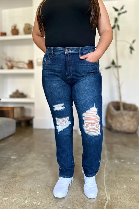 High Waist Magic Distressed Straight-Leg Denim Jeans
