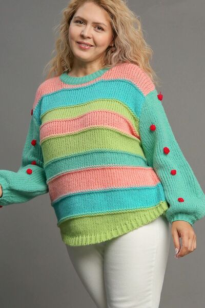 Full Size Color Block Cable Knit Sweater with Pom Pom Plus Size