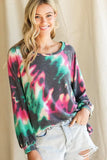Tie Dye Print Terry Top with Puff Sleeves