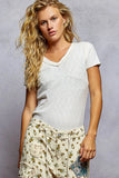 Ribbed V-Neck Short Sleeve Tee with Contrast Stitching