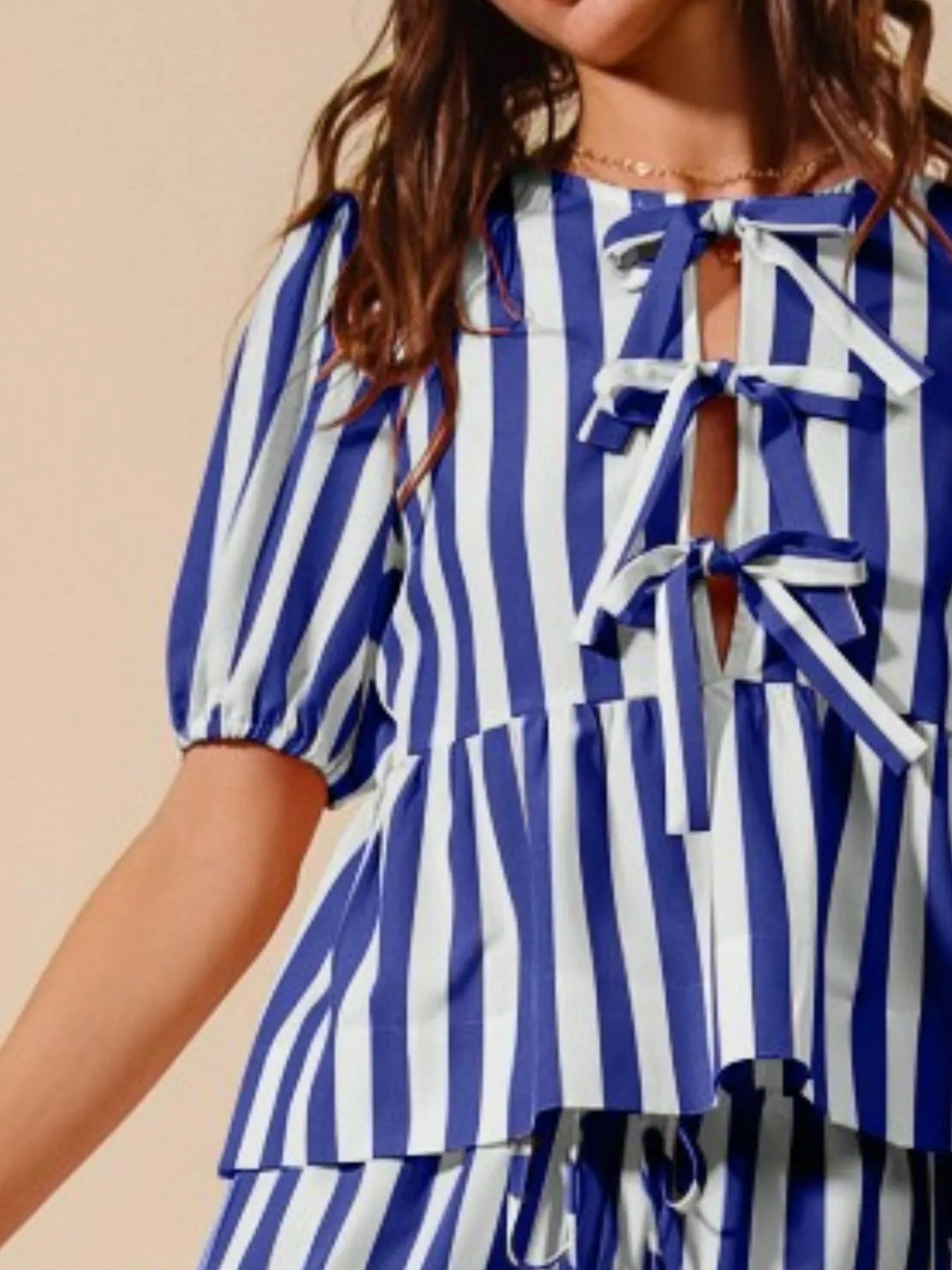 Striped Puff Sleeve Tie Top and Wide Leg Pants Ensemble