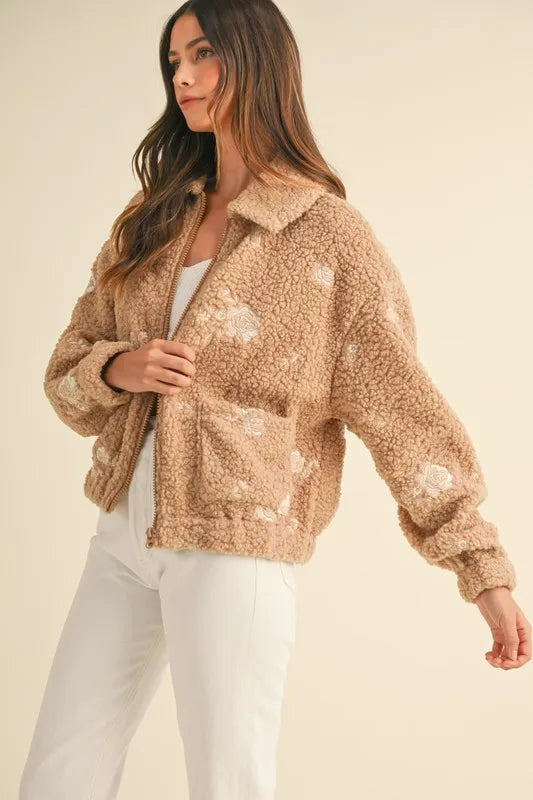 Floral Embroidered Fleece Teddy Jacket