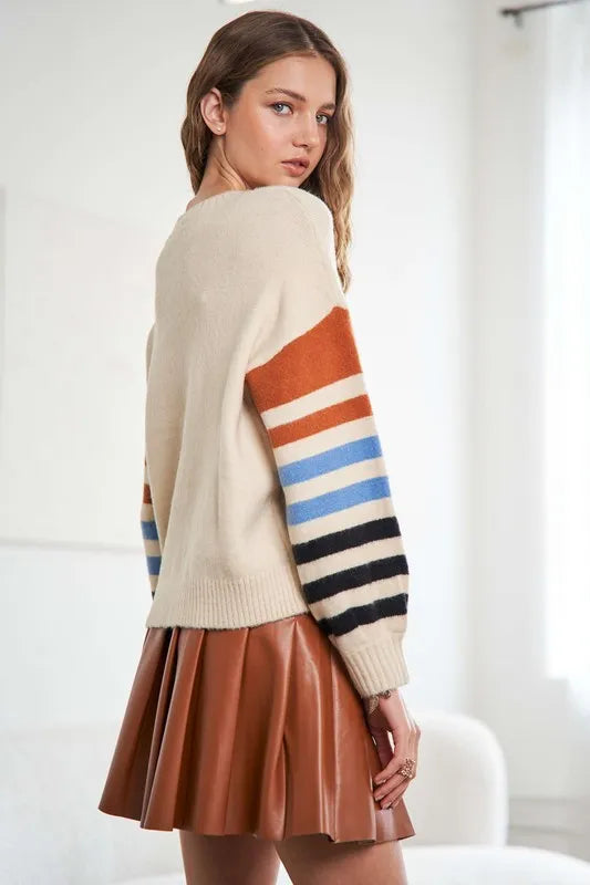 Full Size Stripe Sleeve Cozy Sweater Plus Size