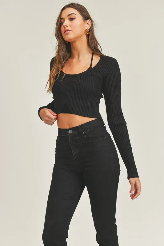 Long Sleeve Crop Sweater Top and Inner Bra Set