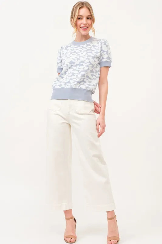Short Sleeve Floral Pattern Knit Top