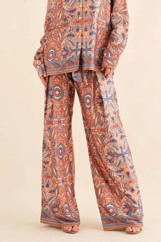 Satin Paisley Pattern Waist Ribbon Pants