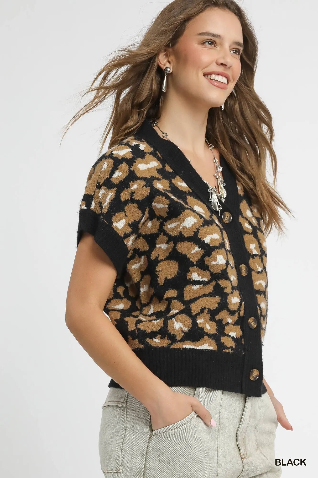 Leopard Print Button-Up Short Sleeve Cardigan