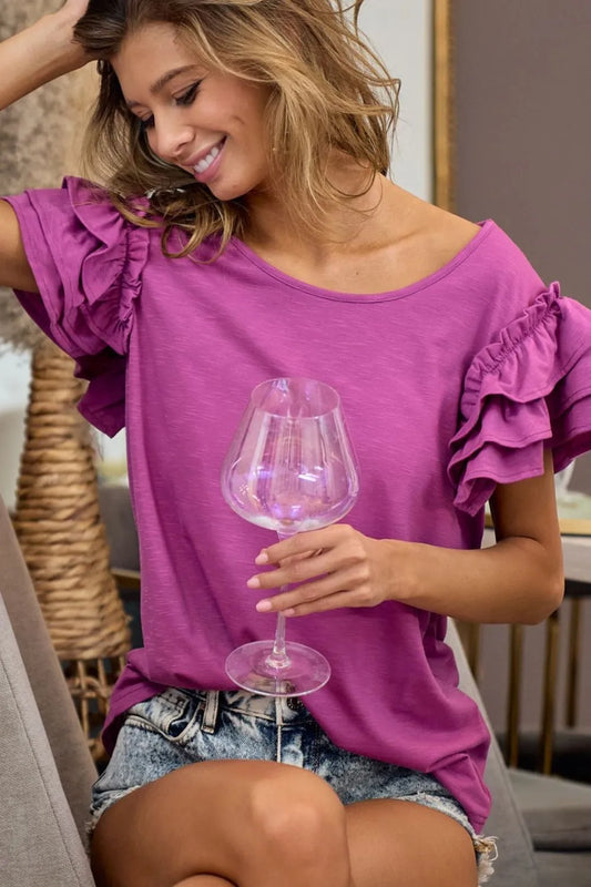 Ruffled Sleeve Cotton Blend Blouse