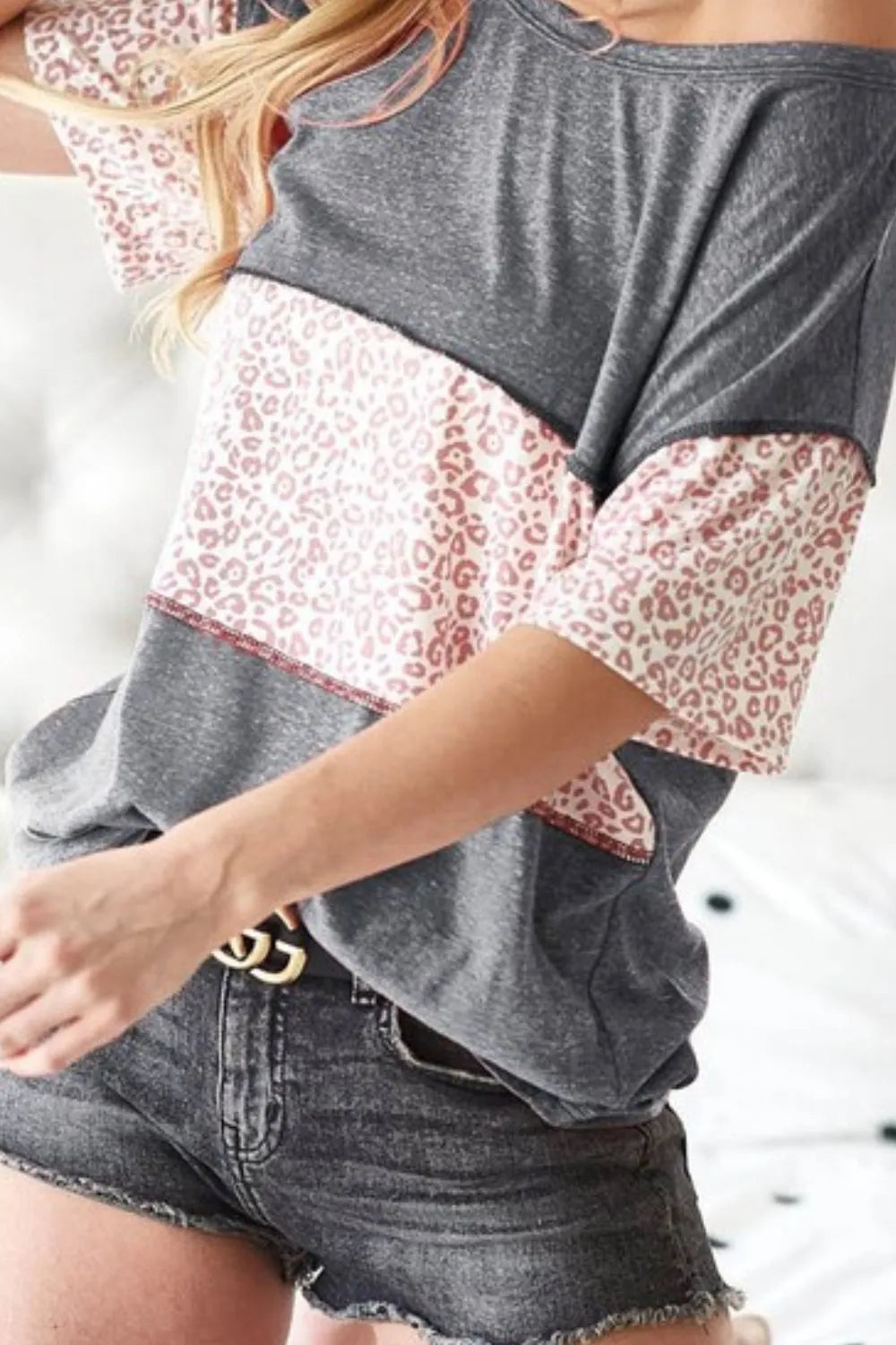 Triblend Knit with Leopard Block Out Stitching