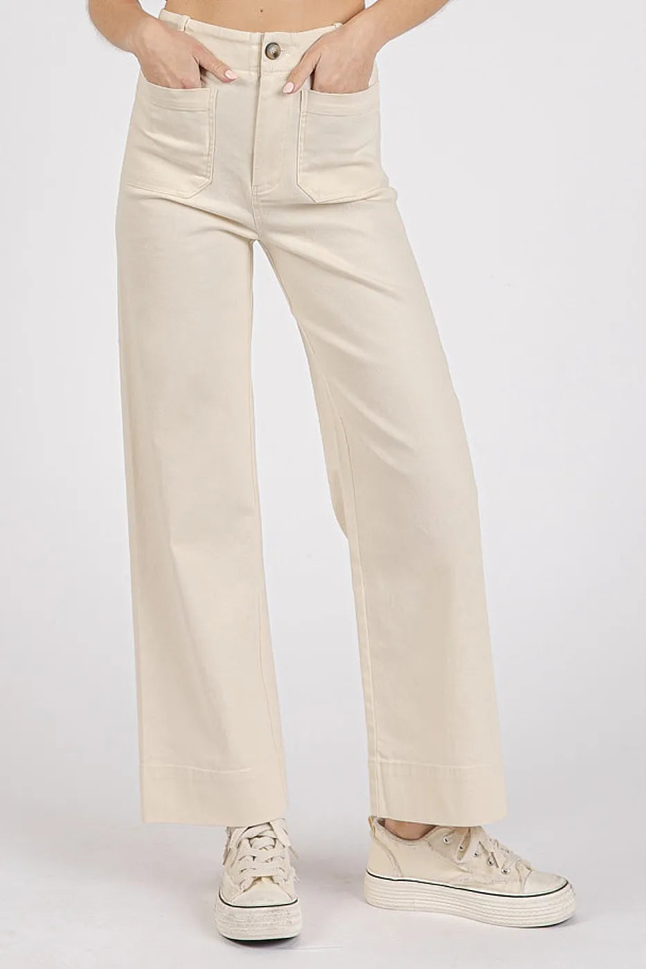Twill Patch Pocket High Rise Wide Leg Pants