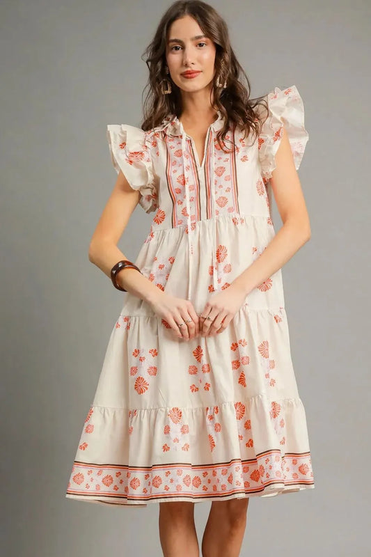 Bohemian Floral Tie Neck Flutter Sleeve Midi Dress