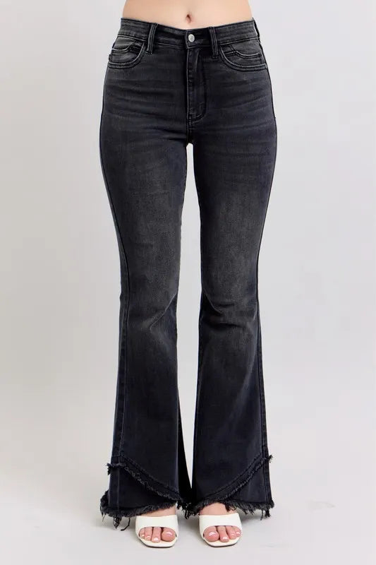 Full Size High Waist Flare W/ Mock Fray Tulip Hem Plus Size