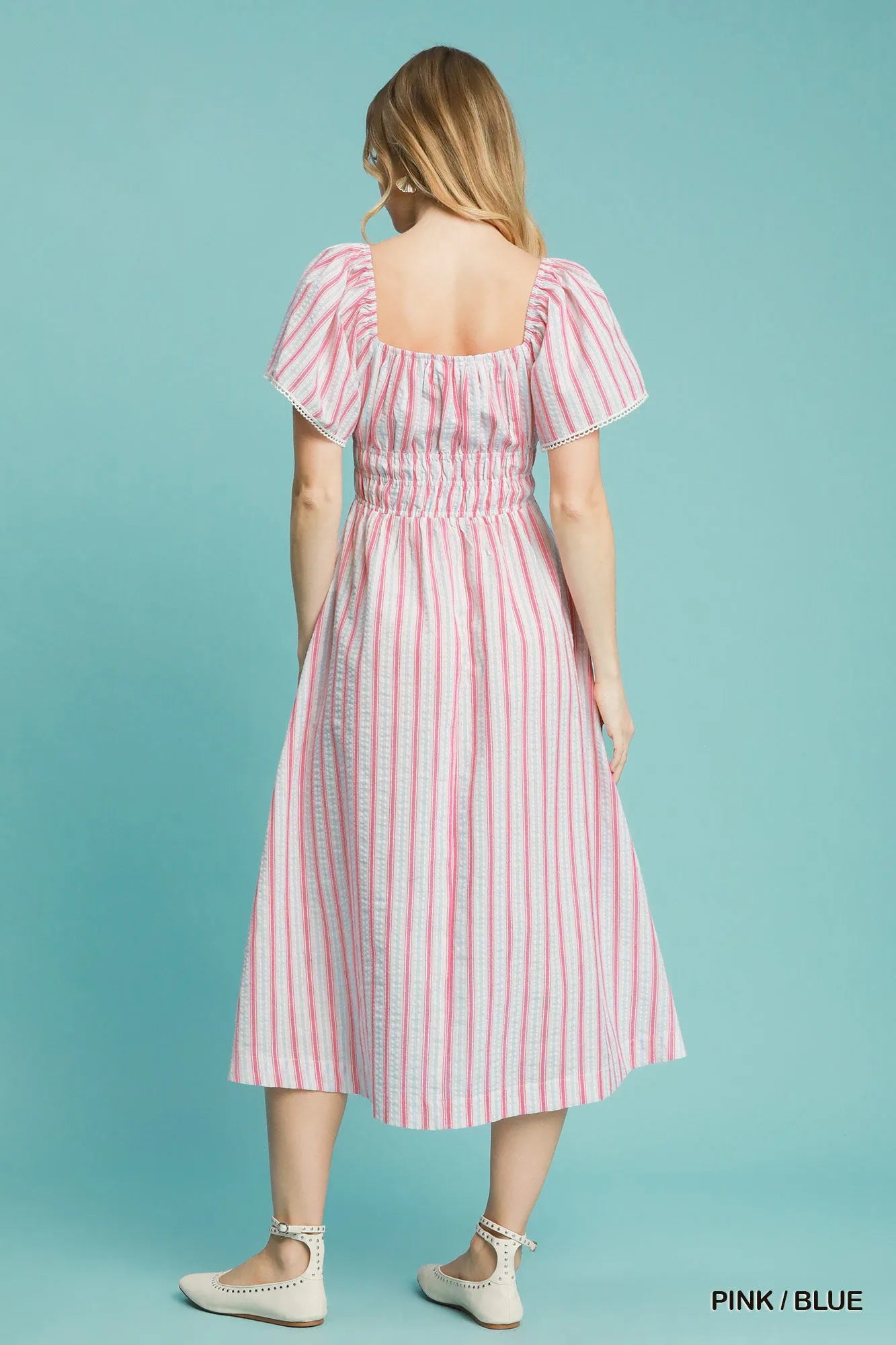 Striped Smocked Midi Dress with Short Sleeves