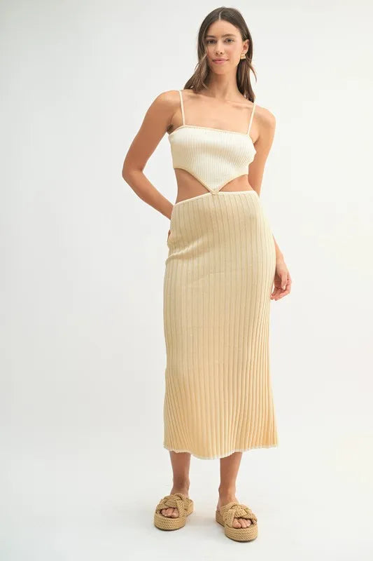 Ribbed Knit Color Block Cutout Midi Dress