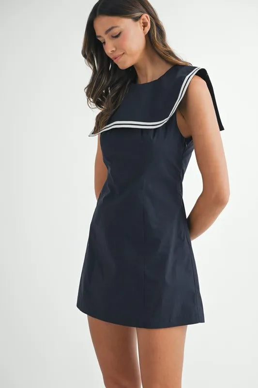 Contrast Piping Square Sailor Collar Mini Dress