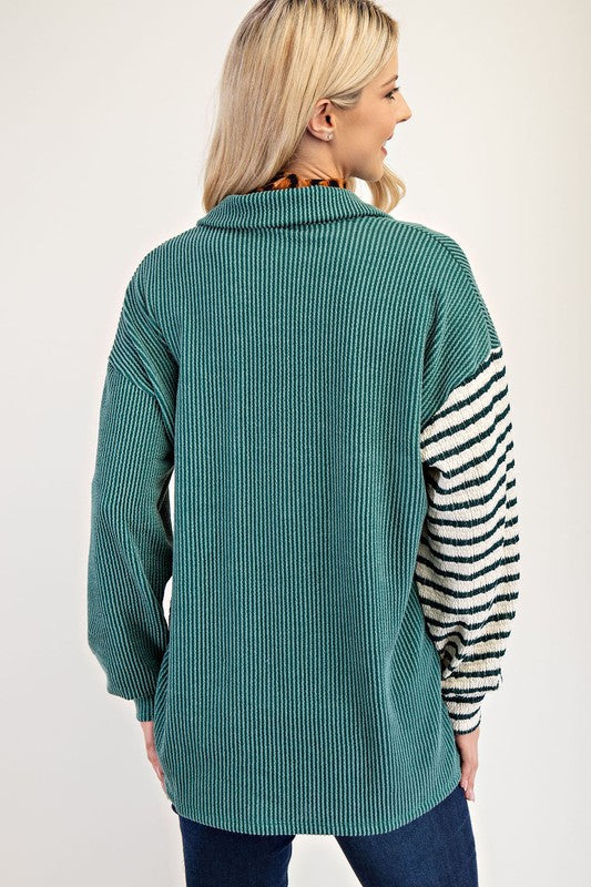 Full Size Striped Button Up Dropped Shoulder Shacket