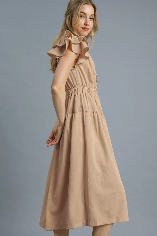 Flutter Sleeve Midi Dress with Lace Trim Accents