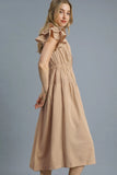 Flutter Sleeve Midi Dress with Lace Trim Accents