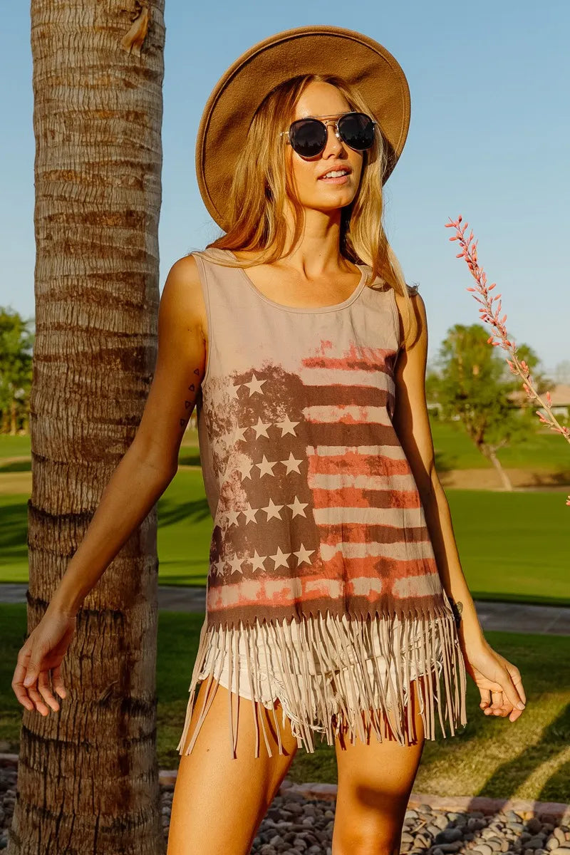 Patriot Fringe Knit Sleeveless Tank Top