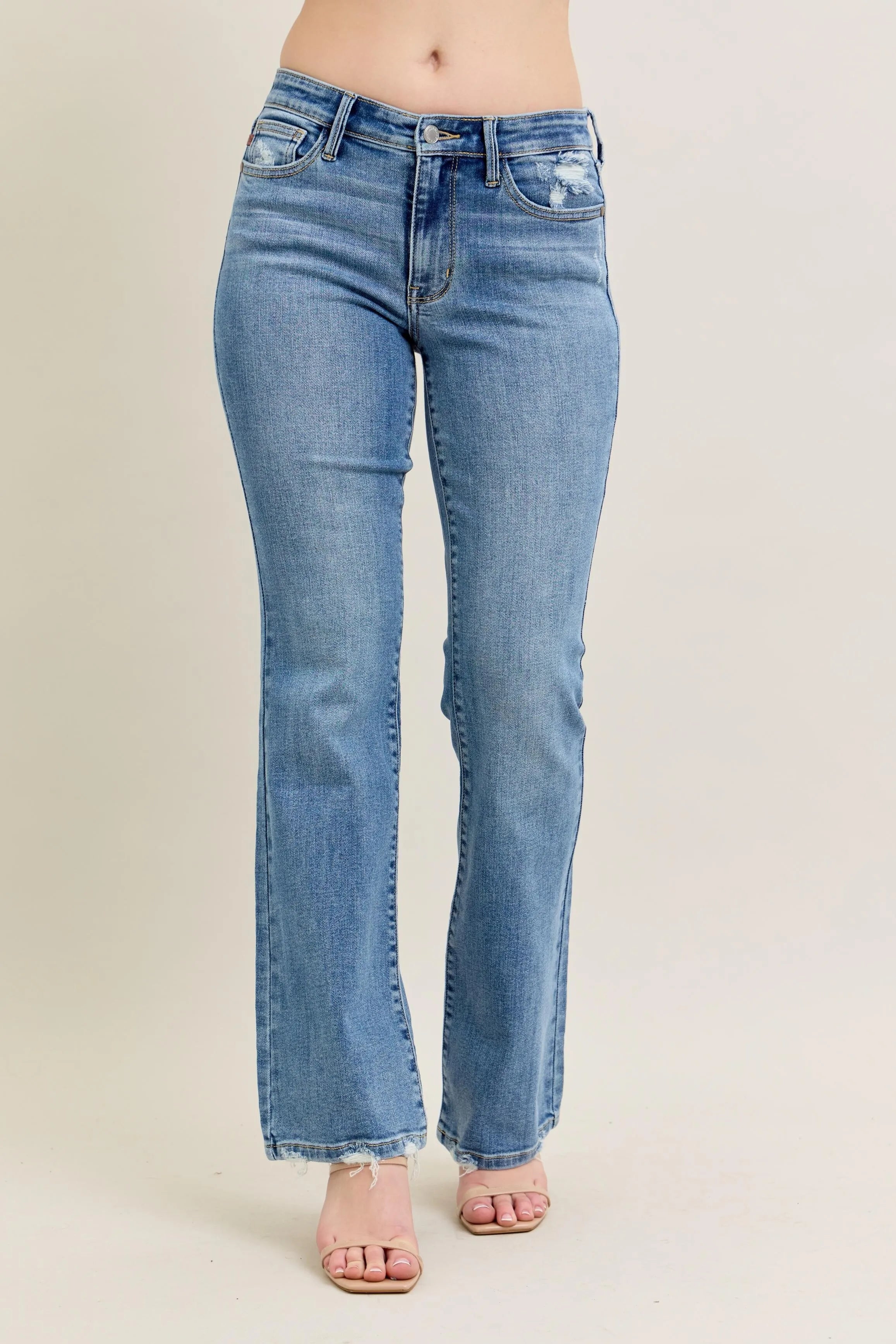 Full Size Mid Rise Distressed Edge Bootcut Denim Pants