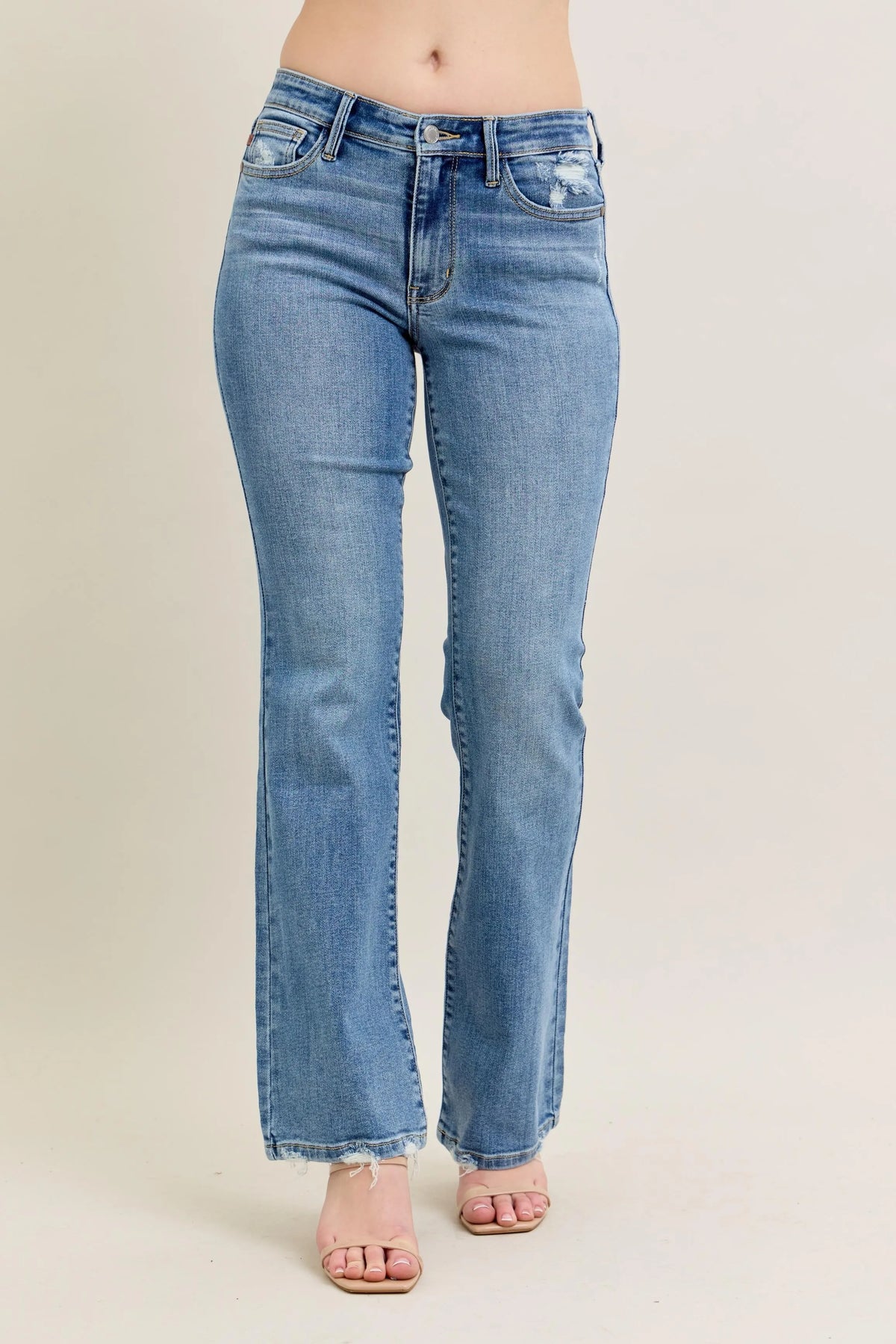 Full Size Mid Rise Distressed Edge Bootcut Denim Pants