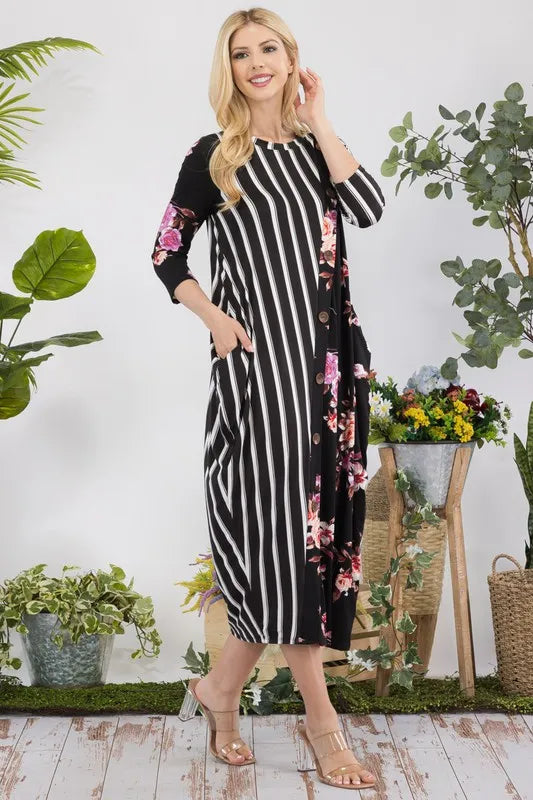 Full Size Stripe Floral Contrast Midi-Dress with Buttons Plus Size