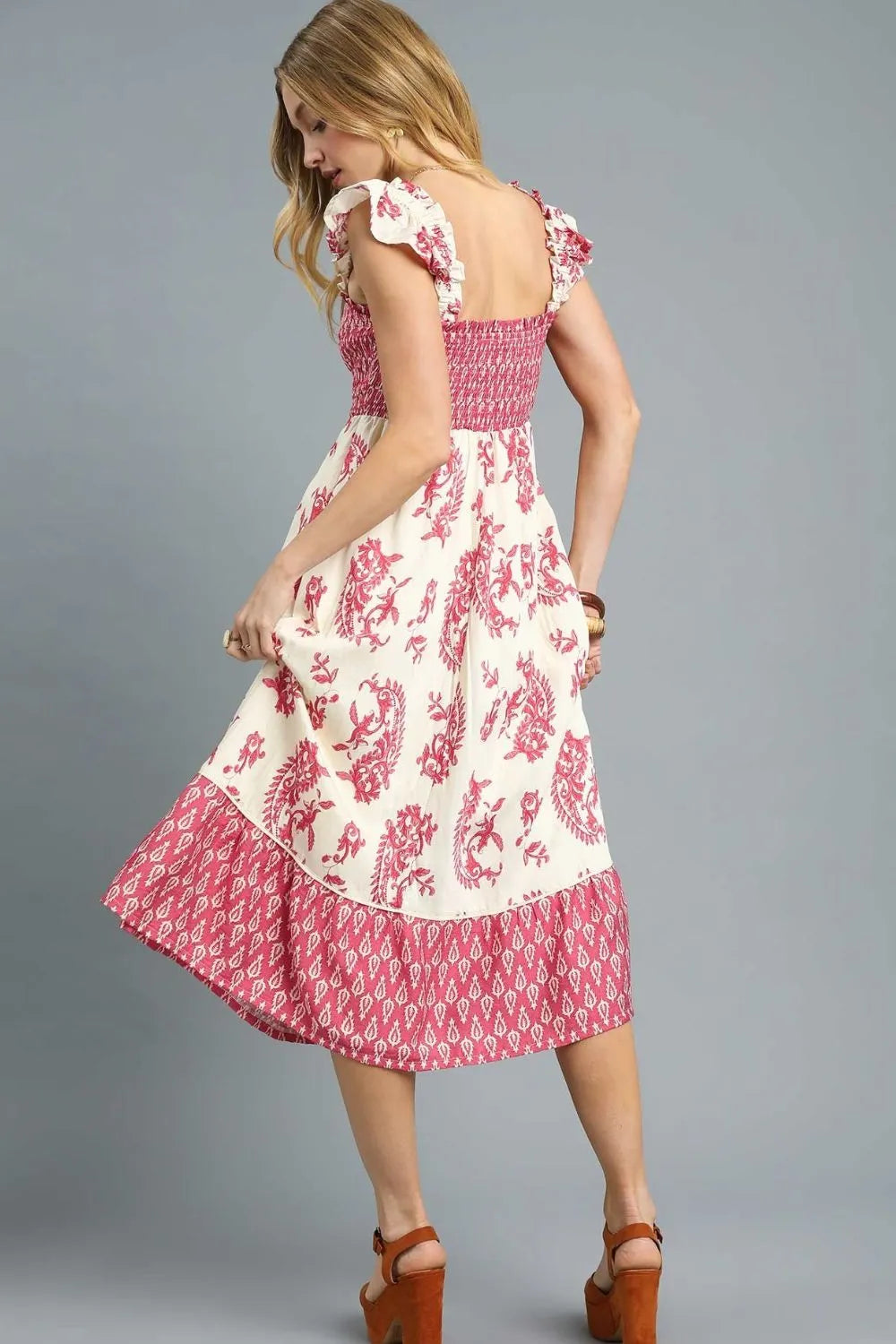 Floral Smocked Midi Dress with Ruffle Accents