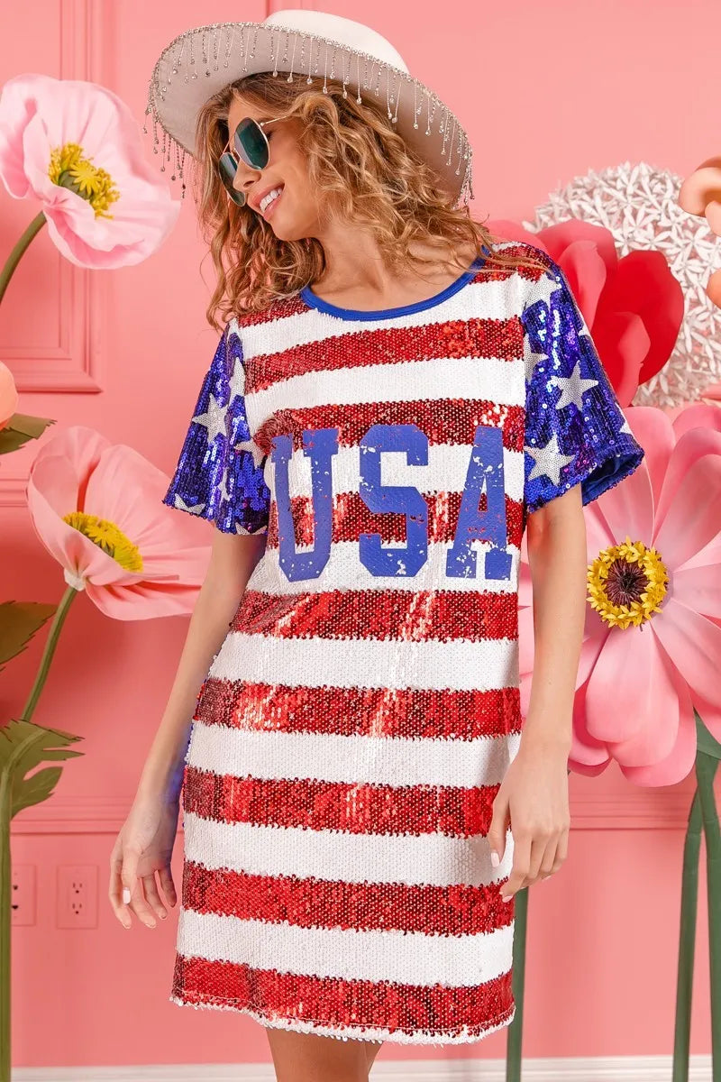 American Flag Theme Usa Print Sequin Dress