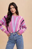 Chevron Stripe Round Neck Ribbed Sweater