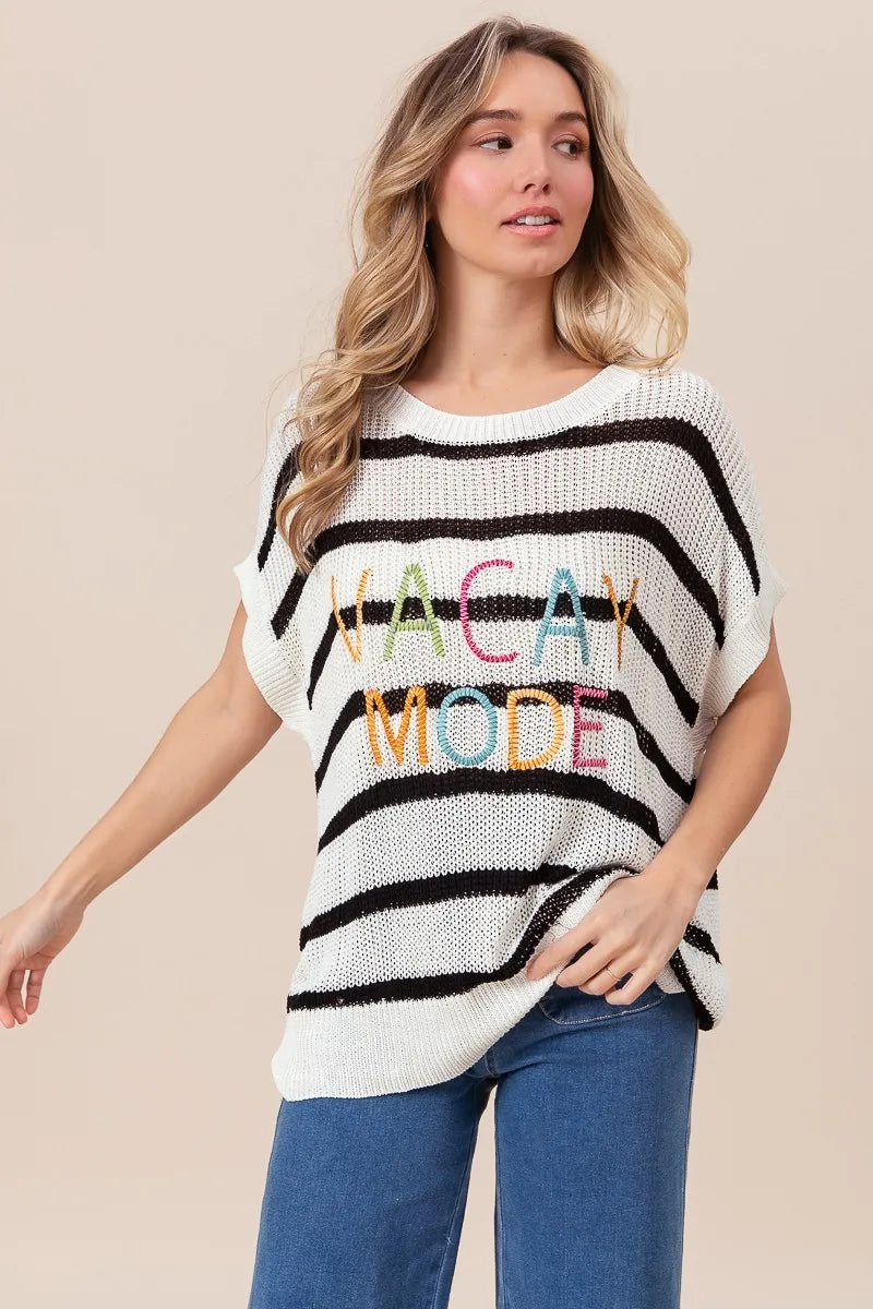 Vacay Mode Lettering Drop Shoulder Striped Sweater