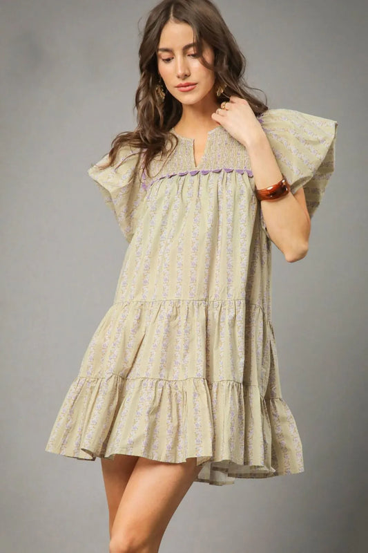 Botanical Flutter Sleeve Tiered Mini Sundress