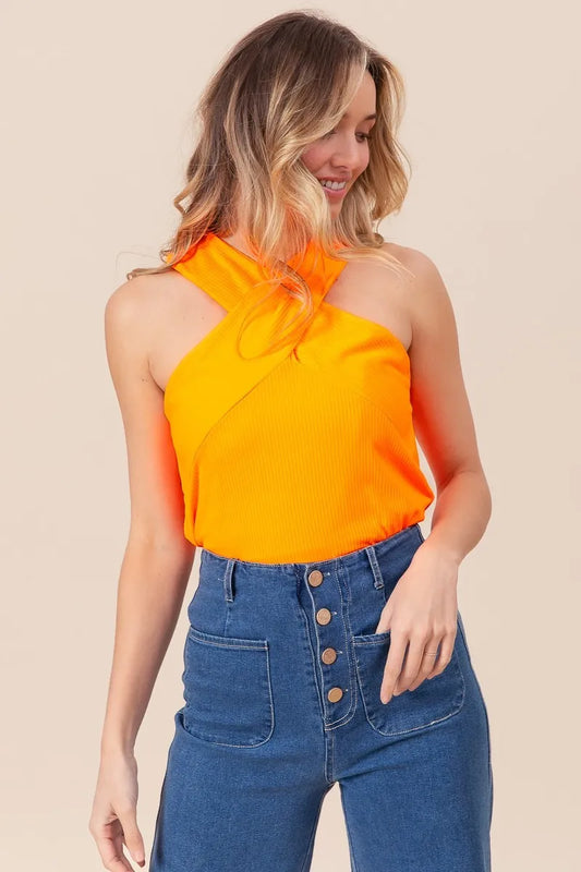 Rib Knit Cross Neck Banded Top