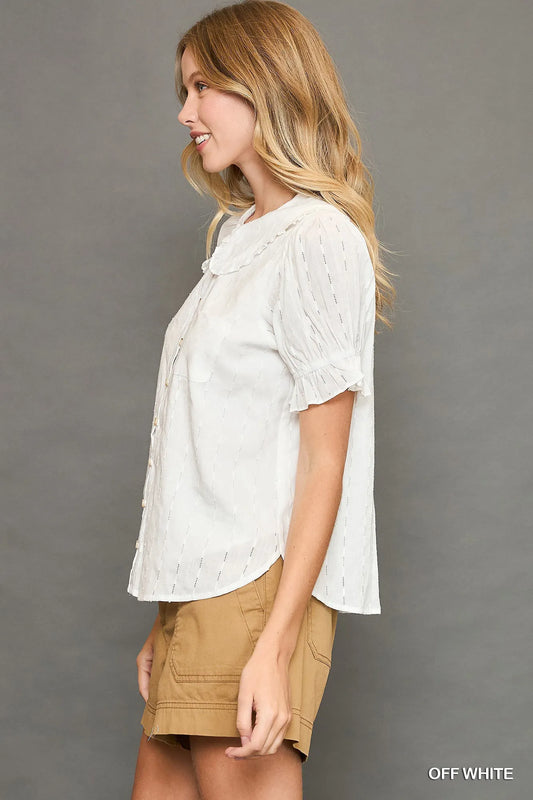 Textured Button-Up Shirt with Ruffled Peter Pan Collar