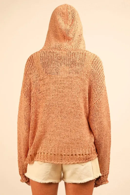 Oversized Openwork Lace Up Hooded Sweater