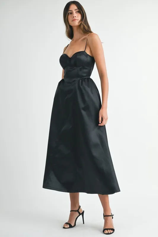 Solid Taffeta Spaghetti Strap Bustier Midi Dress
