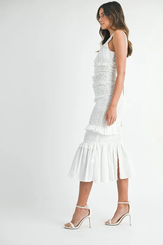 Ruffled Popcorn Smocked Mermaid Midi Dress