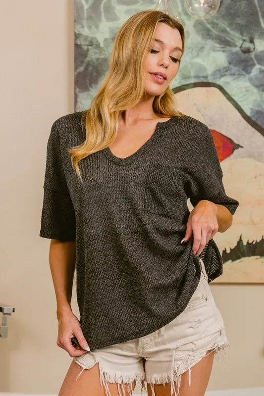 Boucle Sweater Knit Short Sleeve Henley Top