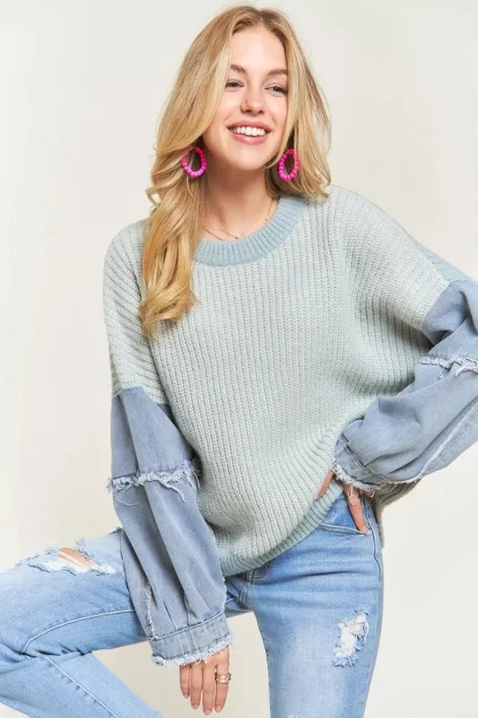 Plus Size Frayed Denim Sleeve Sweater Top