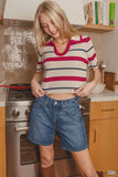 Striped Collared Short Sleeve Cropped Sweater