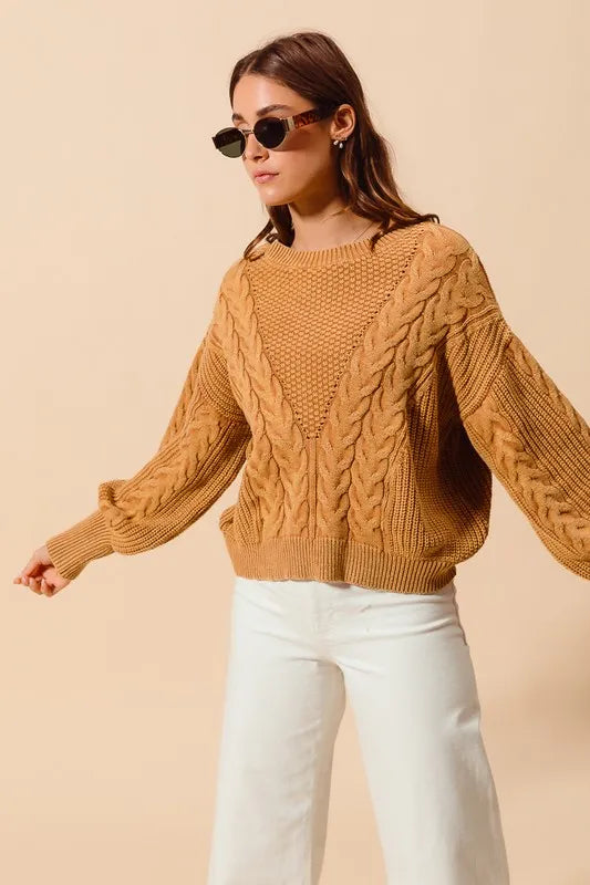 Mineral Washed Loose Fit Textured Cable Sweater